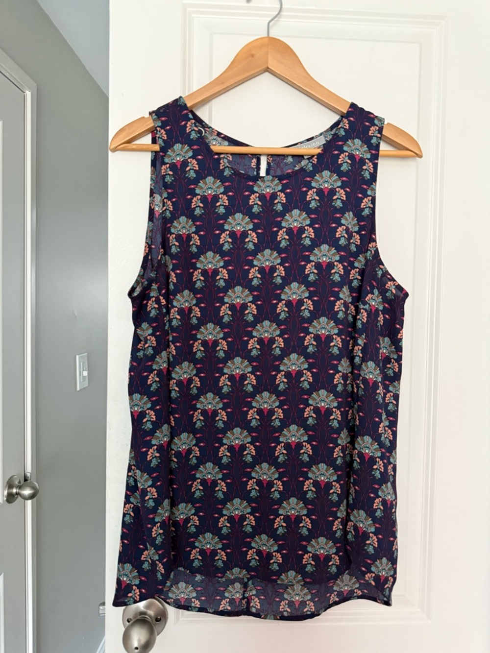 Daniel Rainn Navy Floral Keyhole Tank with Teal and Blush Accents Boho Office